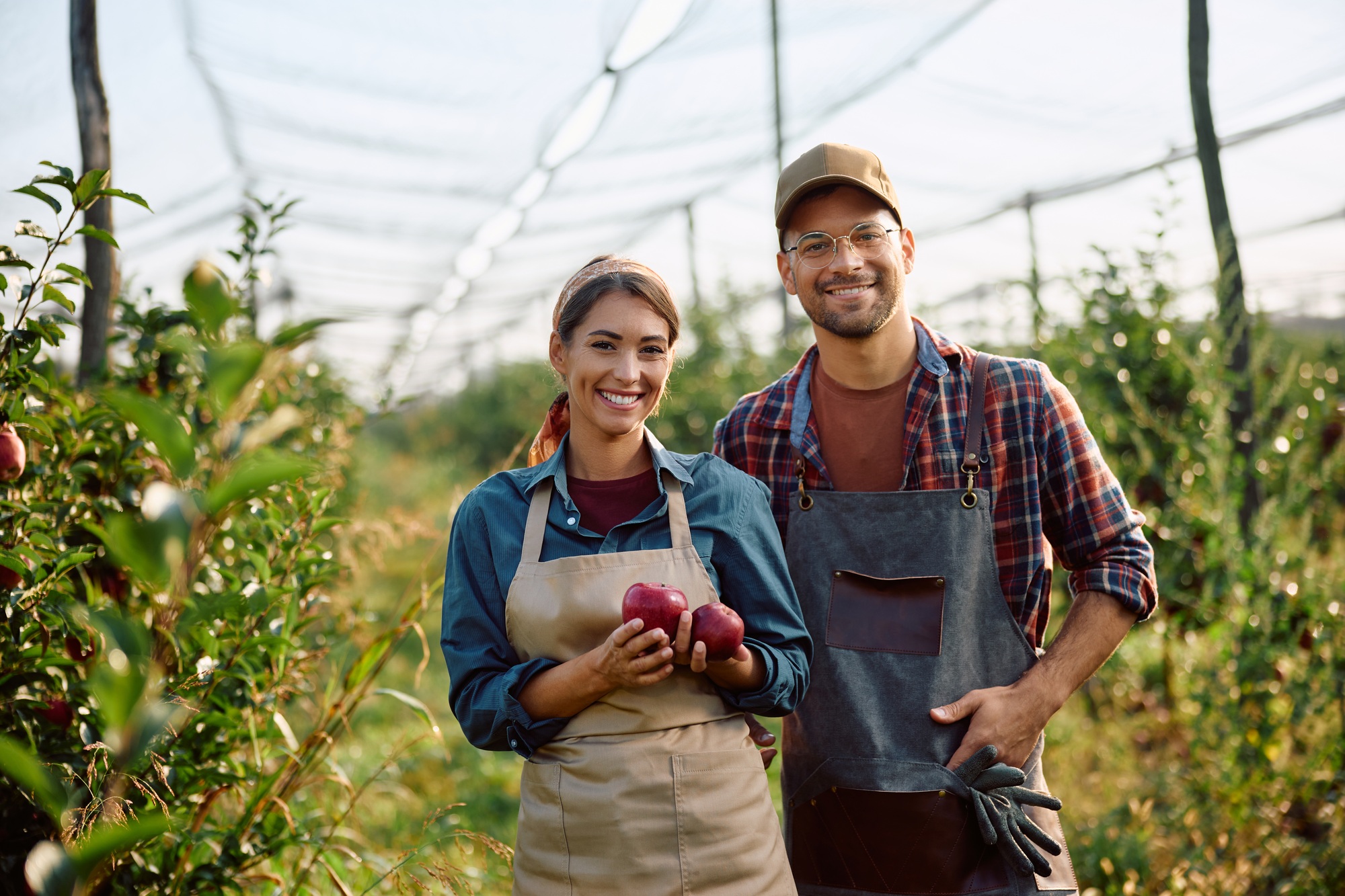 Happy orchard owners during autumn harvest looking at camera.